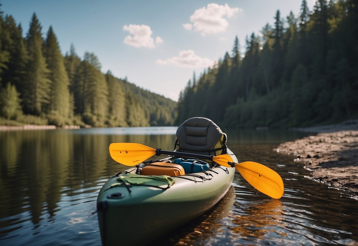 A kayak loaded with lightweight dry bags, a compact stove, and minimal gear on a serene riverbank