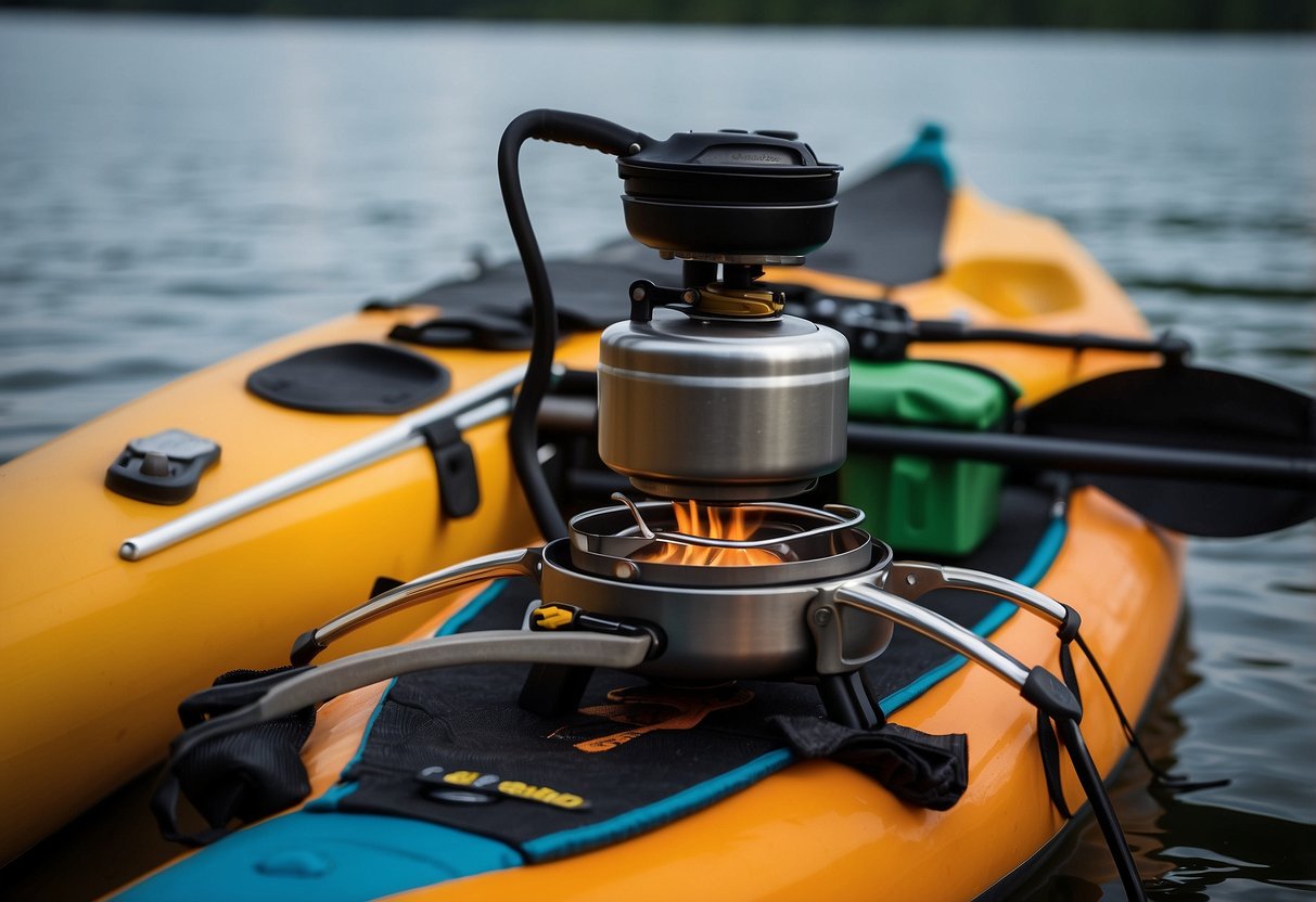 A compact camping stove sits on a lightweight pack next to a kayak and paddle. Various gear and supplies are neatly organized for a paddling trip