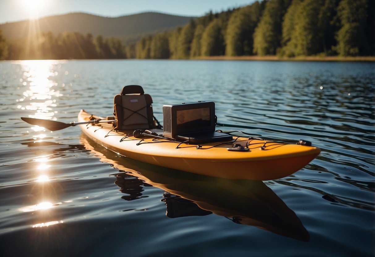 A bright, sunny day on a calm river with a foldable solar charger attached to a kayak. The charger is compact and lightweight, with panels soaking up the sun's rays, while the paddler enjoys a lightweight pack for their journey