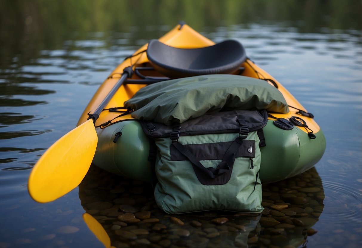 A compact sleeping bag lies next to a kayak and paddle. Various lightweight gear surrounds it, including a small stove and compact cookware