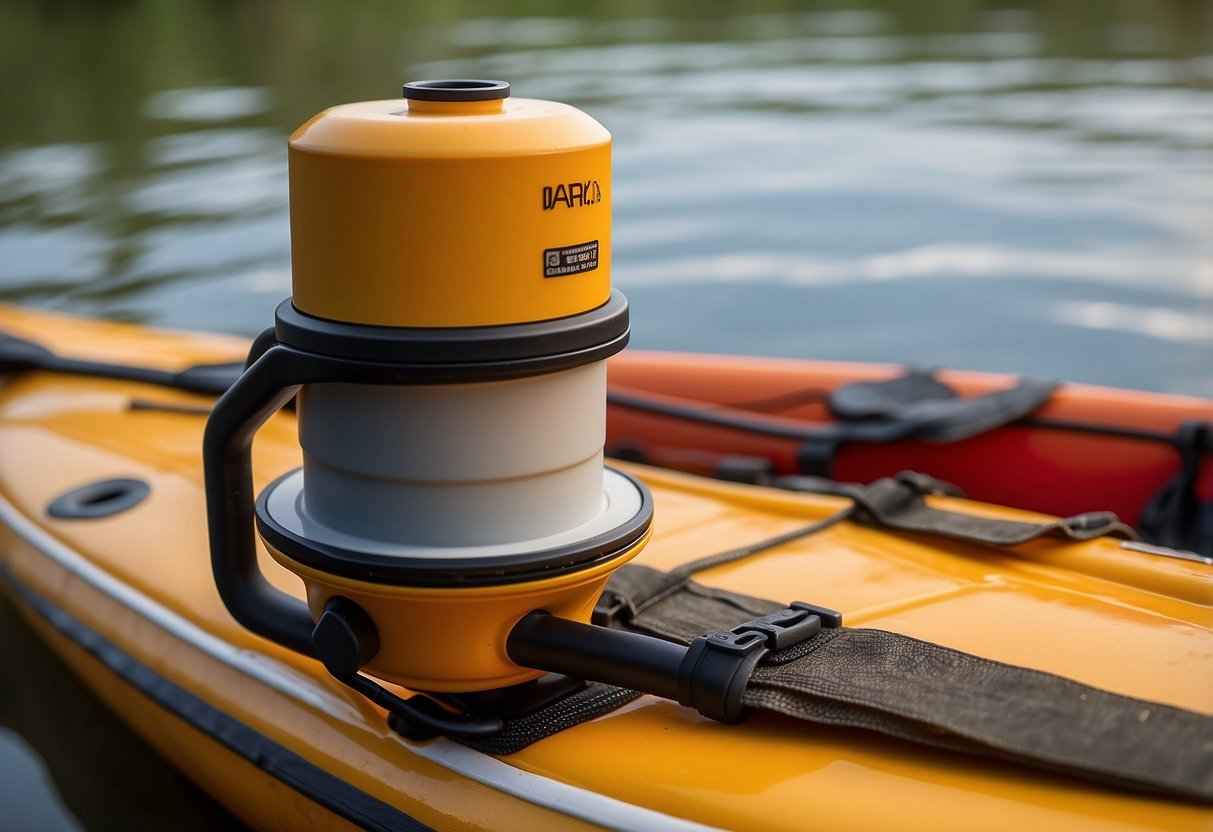 A compact water filter hangs from a kayak's deck rigging. Paddling gear is neatly packed, with lightweight items carefully chosen for the journey