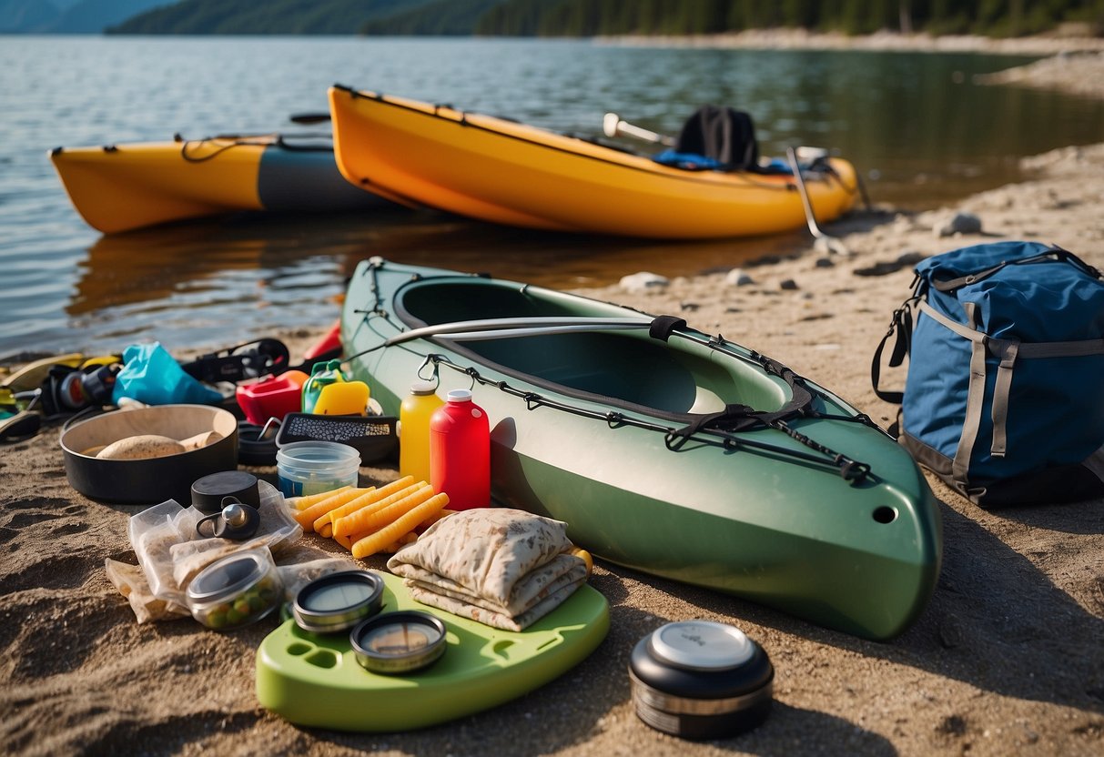 A kayak loaded with camping gear, food, and supplies sits on the shore. A scale nearby shows the weight, while a person ponders how to reduce it