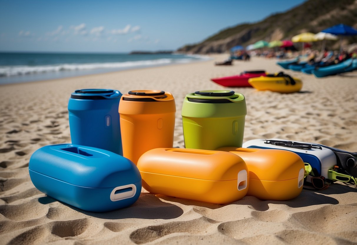 A group of five paddling coolers arranged on a sandy beach, with waves gently rolling in the background. The coolers are stacked with drinks and snacks, and a kayak is visible in the distance