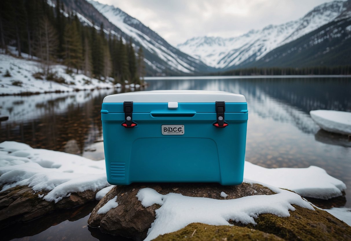 A snow-covered landscape with a sleek, blue Igloo BMX 25 Quart cooler by a tranquil lake, surrounded by paddles and other outdoor gear