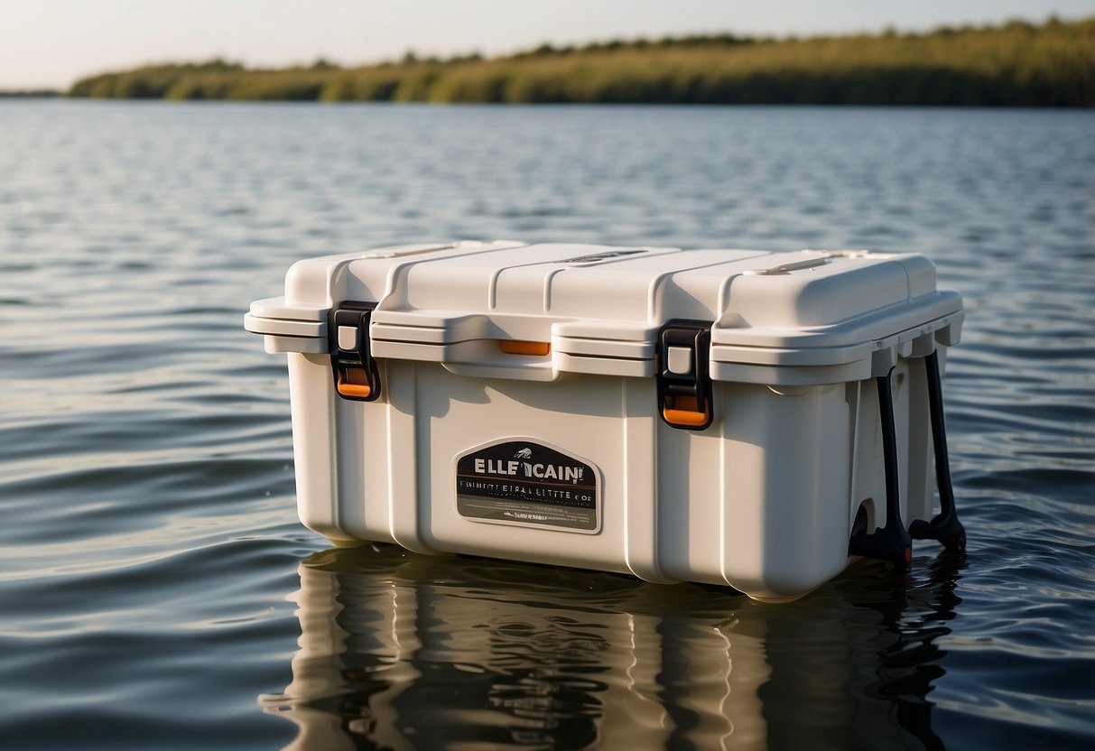 A Pelican Elite 30 Quart cooler sits on a kayak, surrounded by calm water and paddles. Sunshine glints off its durable, white exterior, while a catch latch secures the lid