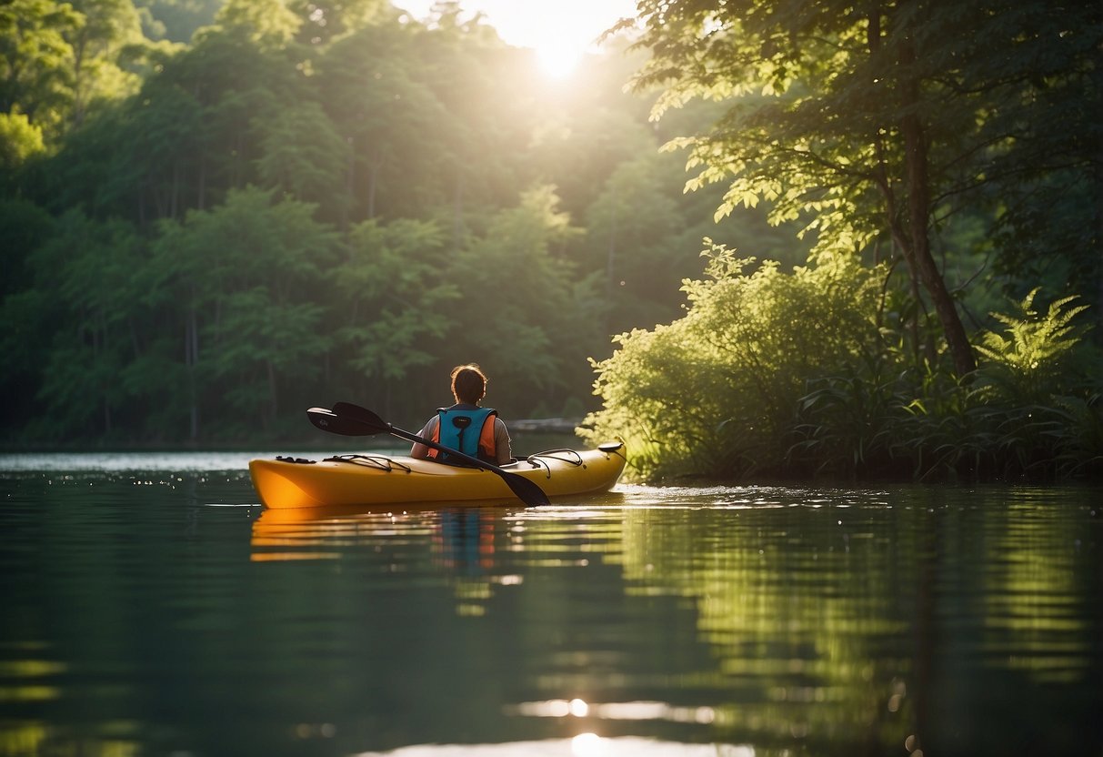 A kayak sits on calm water, surrounded by lush green trees. A paddle leans against the boat, next to a life jacket and a map. The sun shines overhead, casting a warm glow on the scene