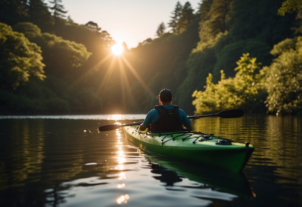 A kayak glides through calm waters, surrounded by lush greenery. A map and training gear lay nearby. The sun sets in the distance, casting a warm glow over the scene