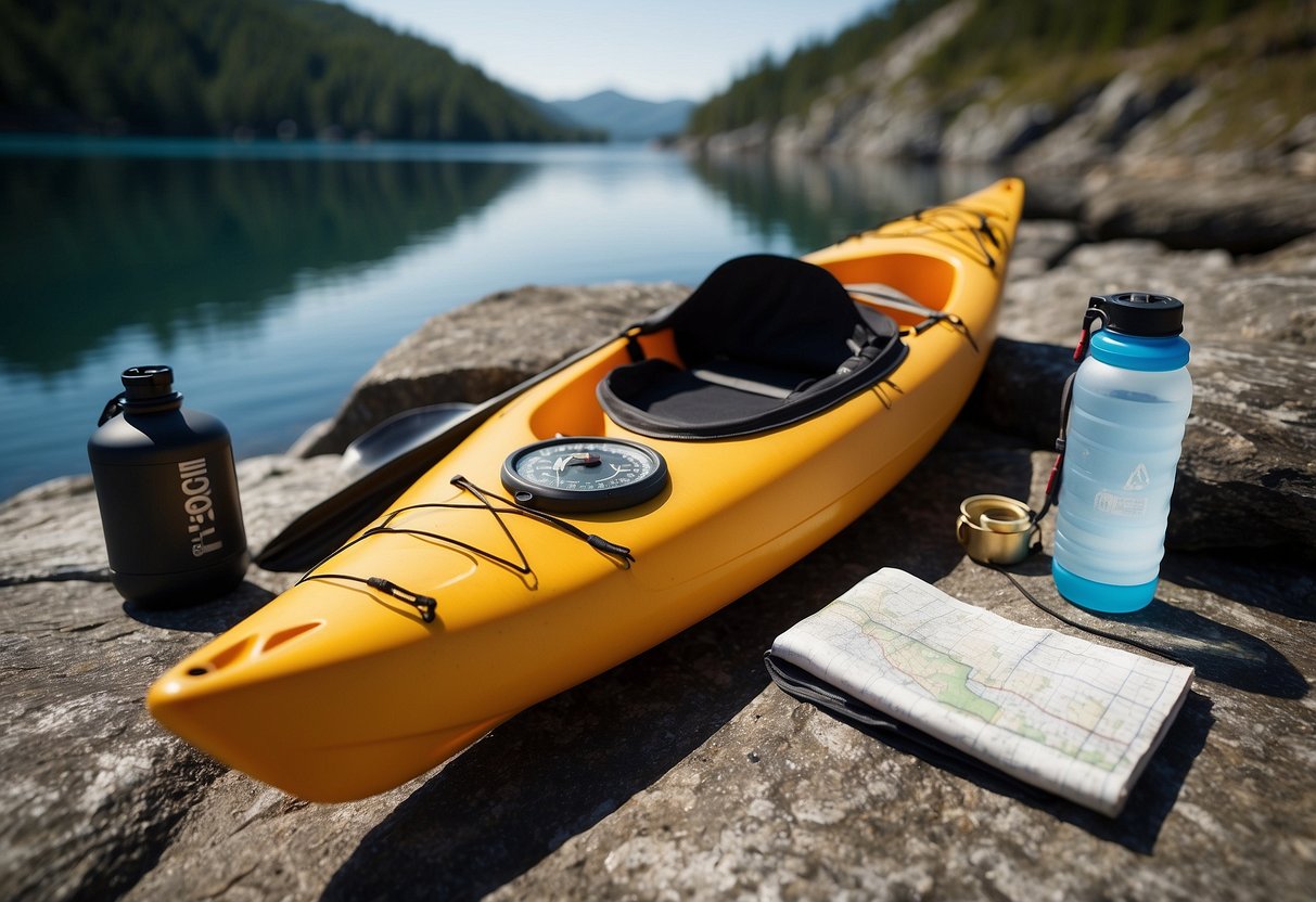 A kayak and paddle rest on a rocky shore. A dry bag and water bottle sit nearby. A map and compass lay on the ground. The scene is set for a paddling trip