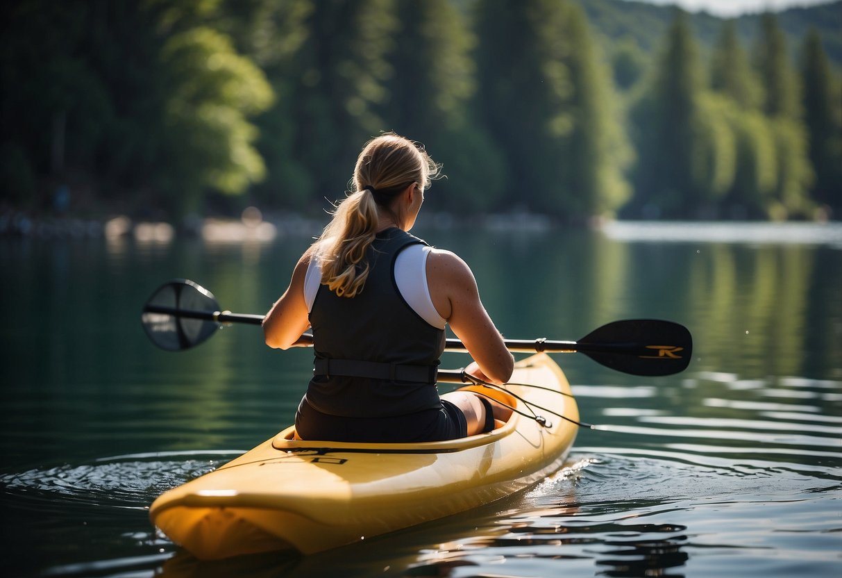 A person paddles through a serene lake, their upper body muscles visibly engaged. A trainer offers tips, as the paddler strengthens their arms and shoulders