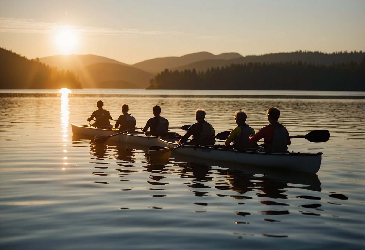 A group of paddlers training on a calm lake, practicing strokes and maneuvers in sync. Canoes and kayaks line the shore, as the sun sets in the distance