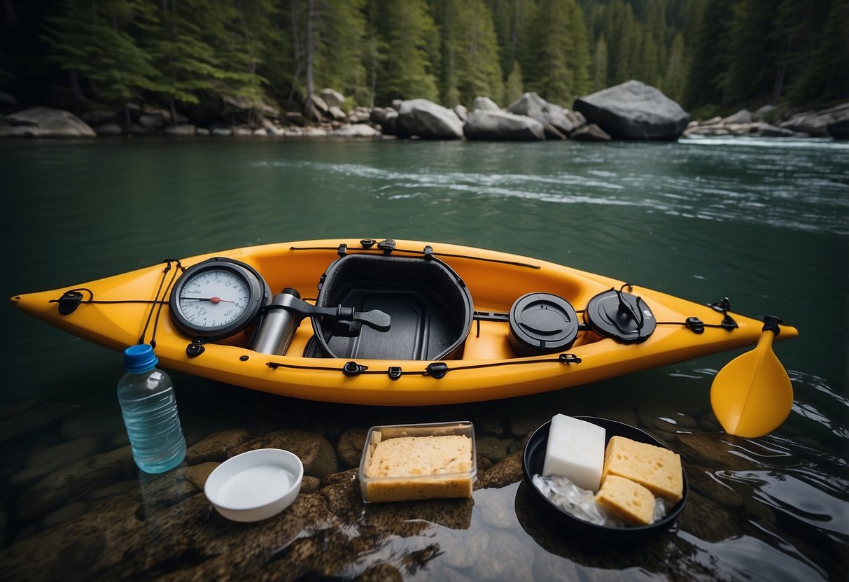 A kayak loaded with food supplies and water bottles, a map and compass, and a list of nutritional tips for paddling trip training