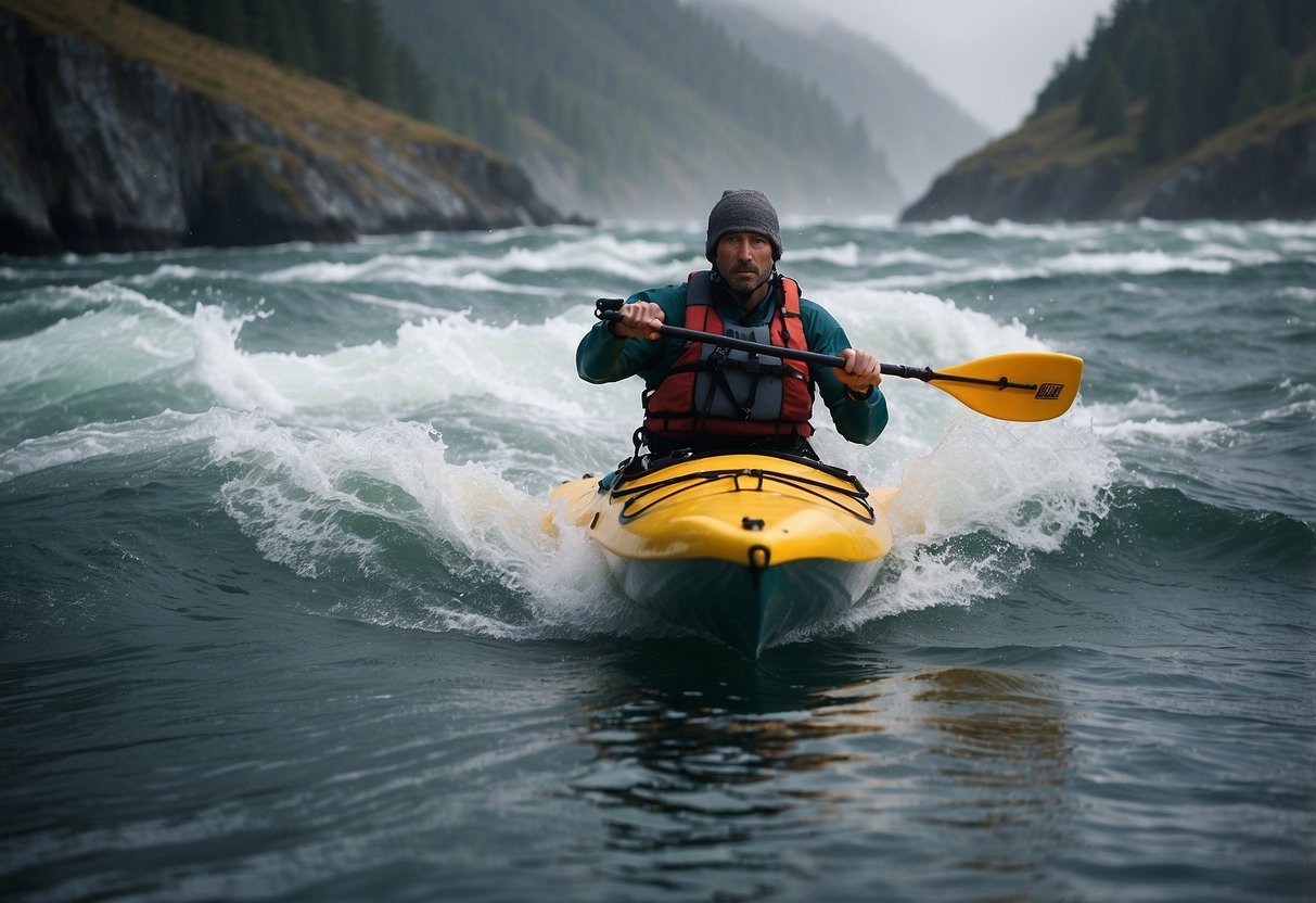 A kayak glides through choppy waters, surrounded by mist and rugged terrain. The paddler navigates through challenging conditions, demonstrating strength and skill