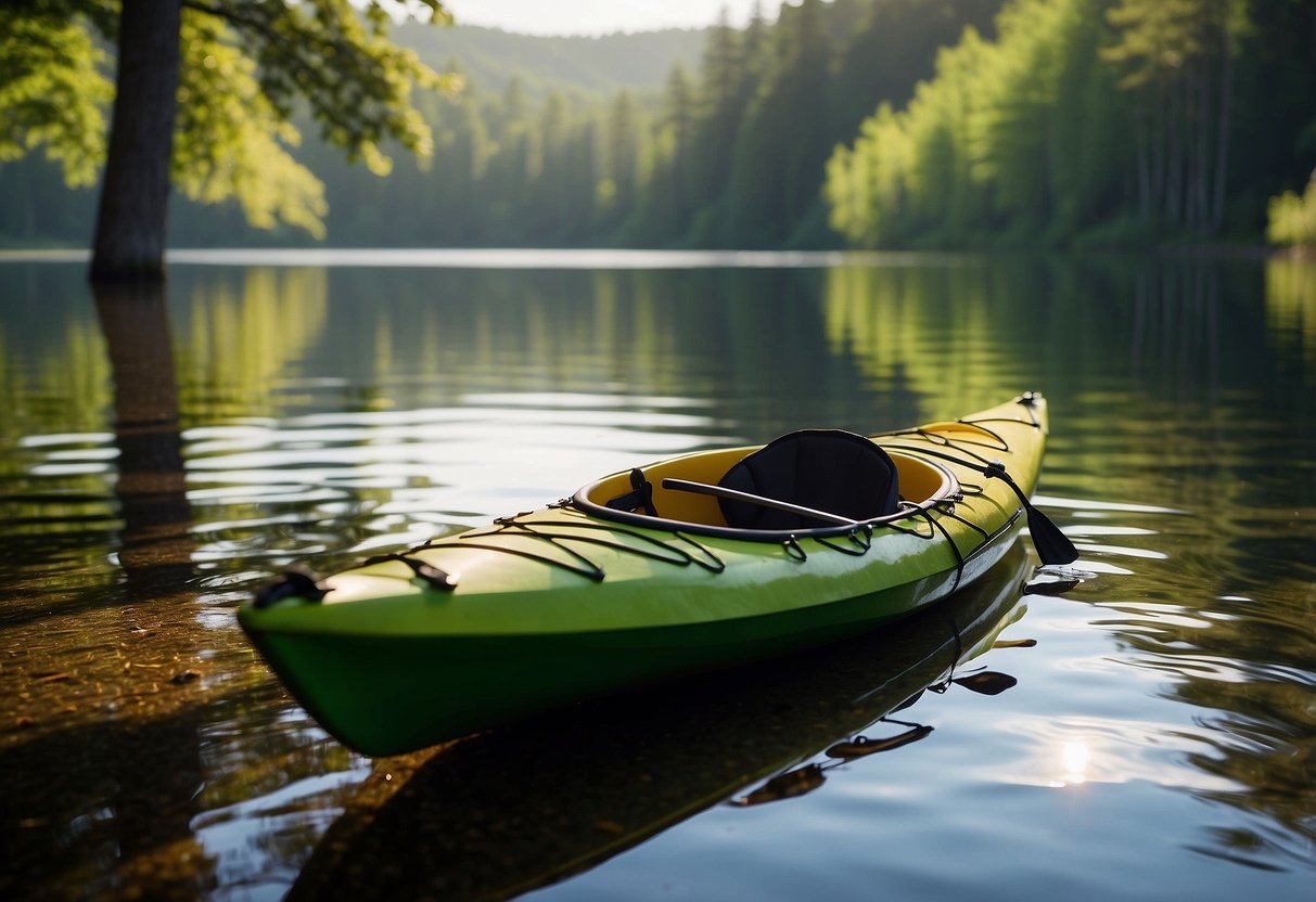 A kayak sits on a calm, glassy lake, surrounded by lush green trees. Paddles and life jackets are neatly arranged on the shore, ready for use. The sun shines brightly overhead, casting a warm glow on the scene