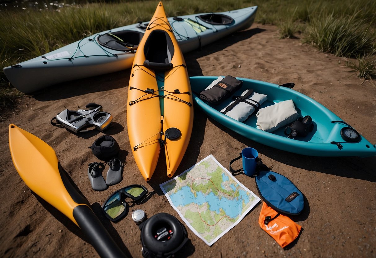 A person's gear laid out neatly on the ground, including a kayak, paddle, life jacket, and a map. The person is seen mentally preparing and visualizing their upcoming paddling trip