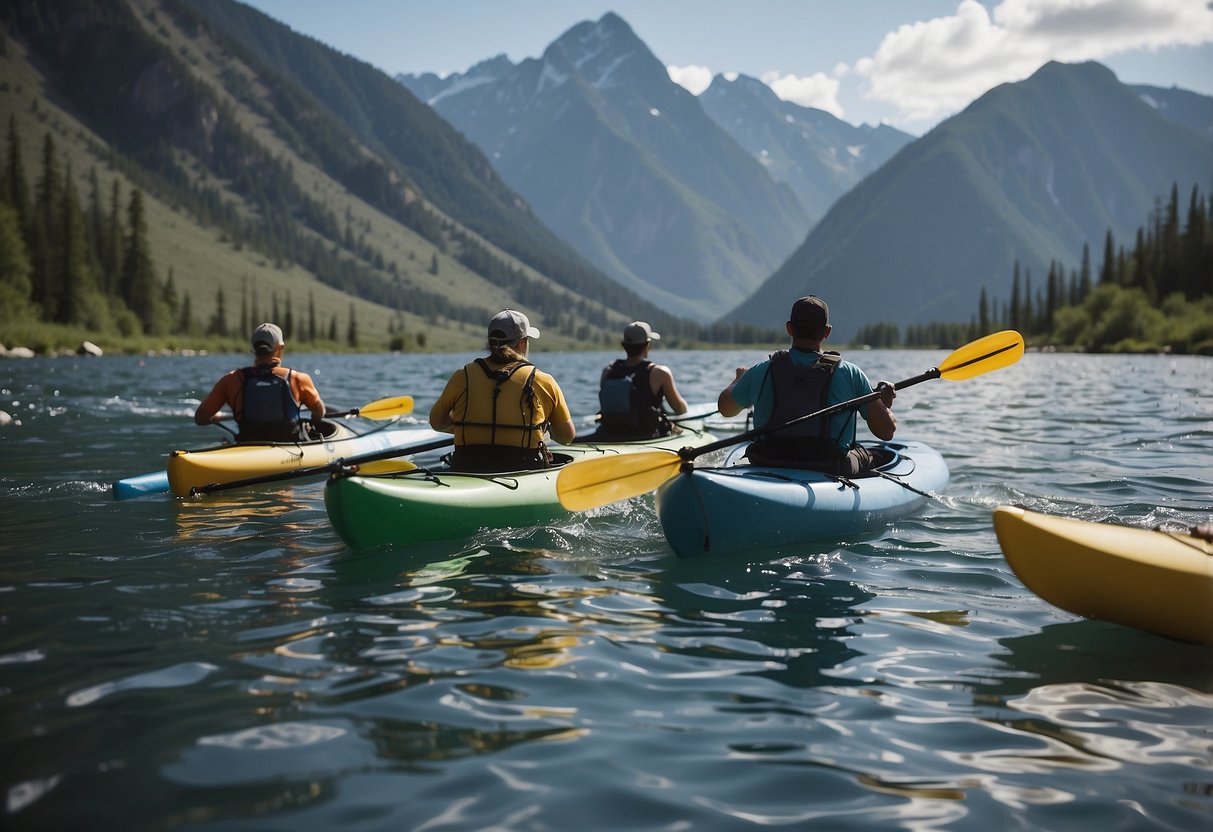 Paddlers navigating through high-altitude waters, with a serene mountain backdrop. Some are sipping water and others are taking deep breaths, while a few are adjusting their gear to combat altitude sickness