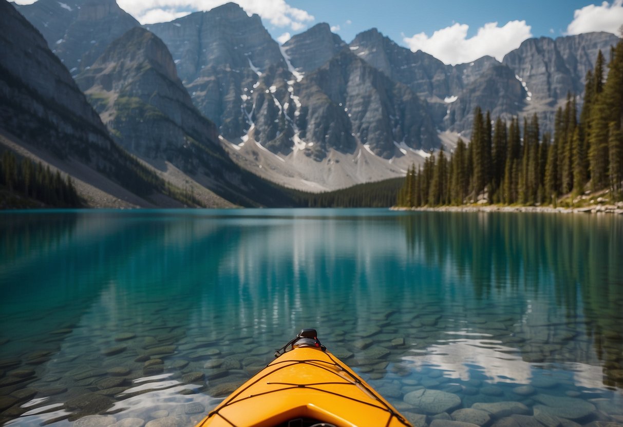 A serene lake surrounded by towering mountains, with a kayak floating peacefully on the water. No signs of alcohol or caffeine in sight