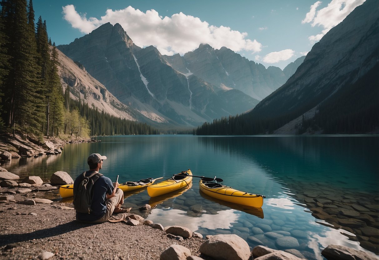 A paddler rests on a mountain lake shore, surrounded by tall peaks. They take deep breaths and sip water, following tips for altitude sickness