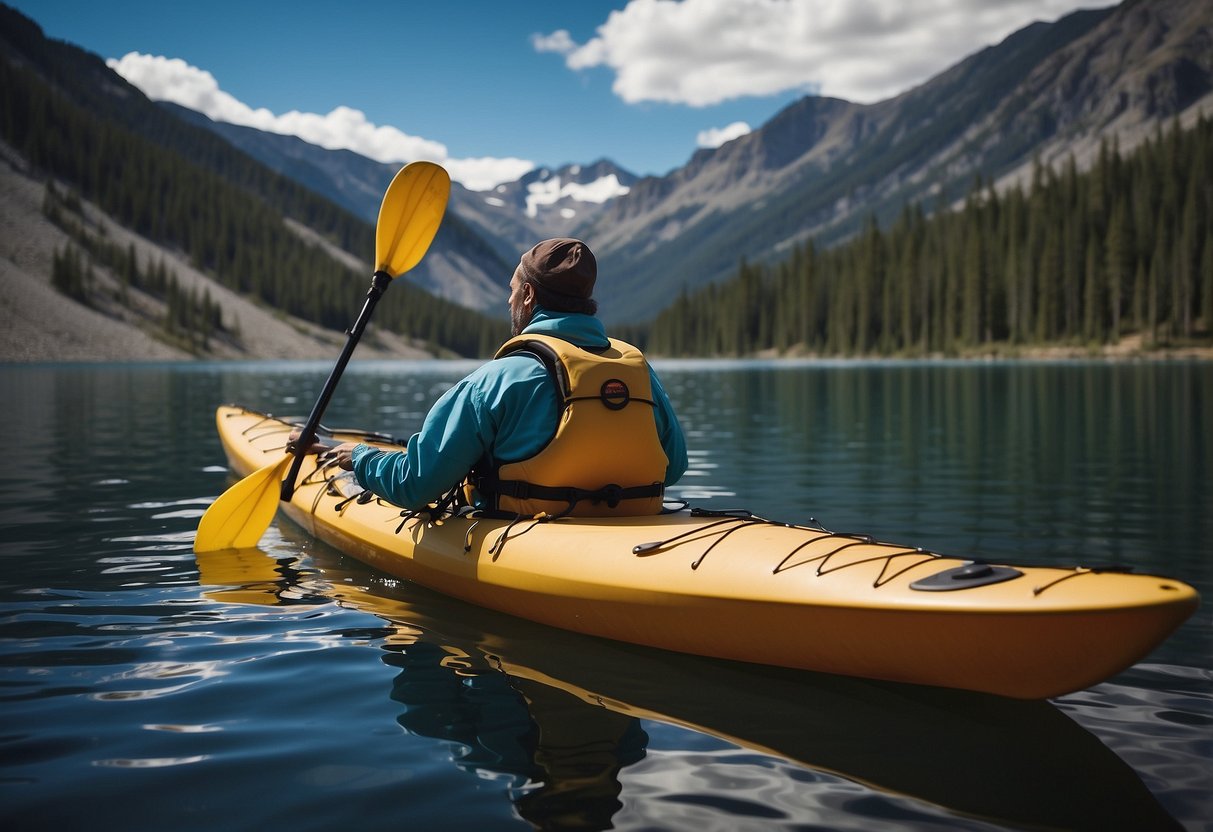 A person paddling in a kayak on a high-altitude lake, holding a prescription medication bottle. The person looks fatigued and nauseous, but follows 7 tips for dealing with altitude sickness