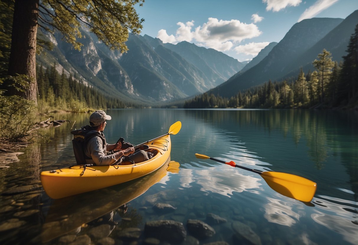 A person paddling a kayak on a calm lake, surrounded by mountains. They are eating a light, balanced meal while taking breaks to prevent altitude sickness