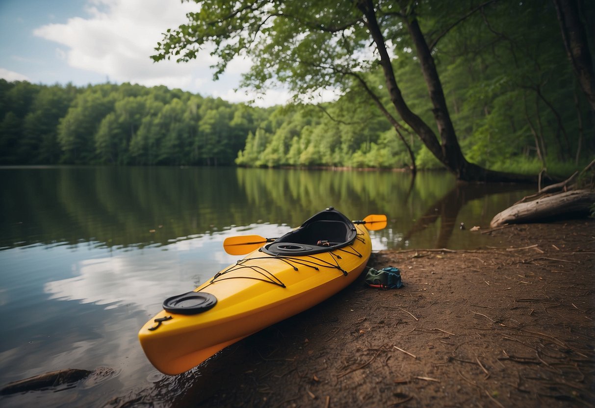 A kayak sits on a calm lake shore, surrounded by lush green trees. A lightweight rain jacket and pants are neatly folded next to a waterproof bag and paddle