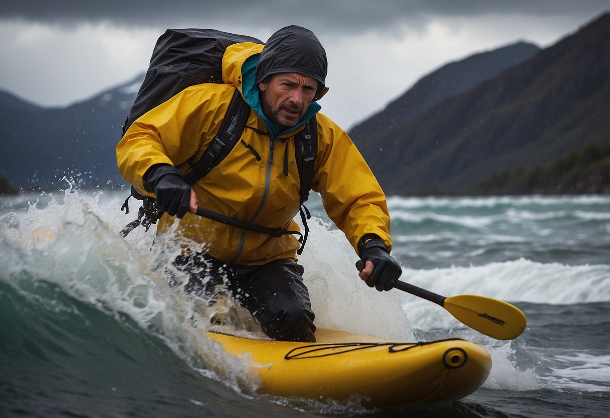 A figure paddles through a storm in Patagonia Storm Racer Jacket, surrounded by lightweight rain gear. Waves crash around them, creating a dramatic and dynamic scene