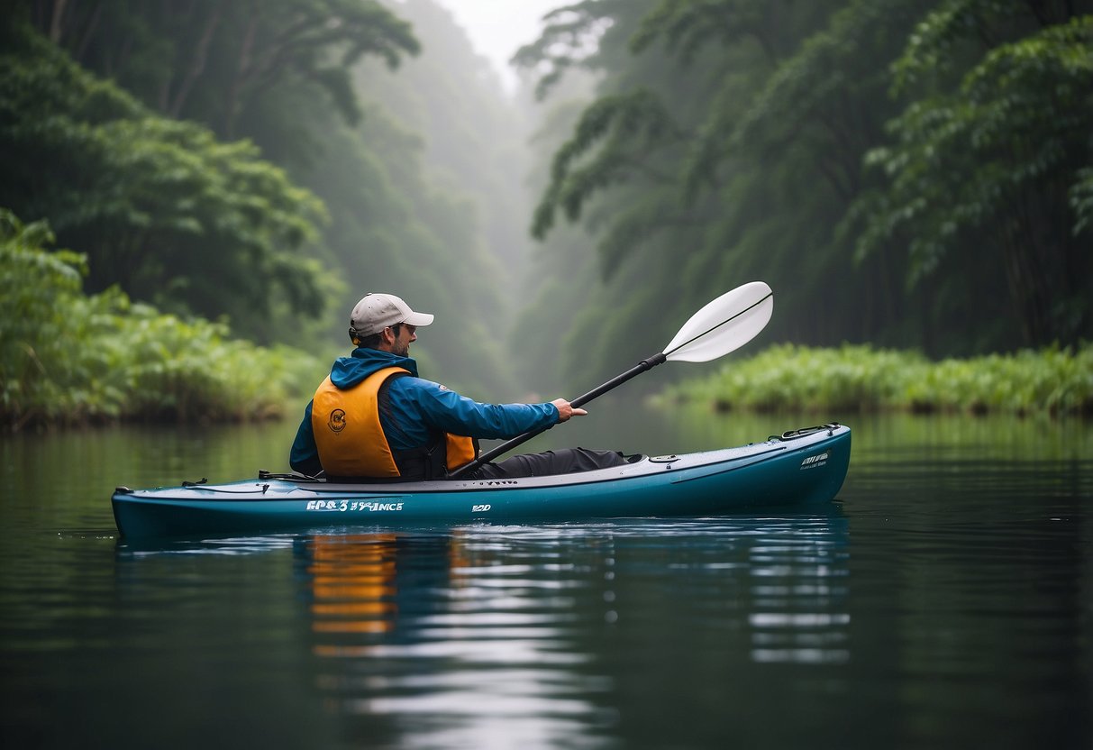 A paddler in a kayak wearing NRS Endurance Pants, navigating through light rain while surrounded by calm water and lush greenery