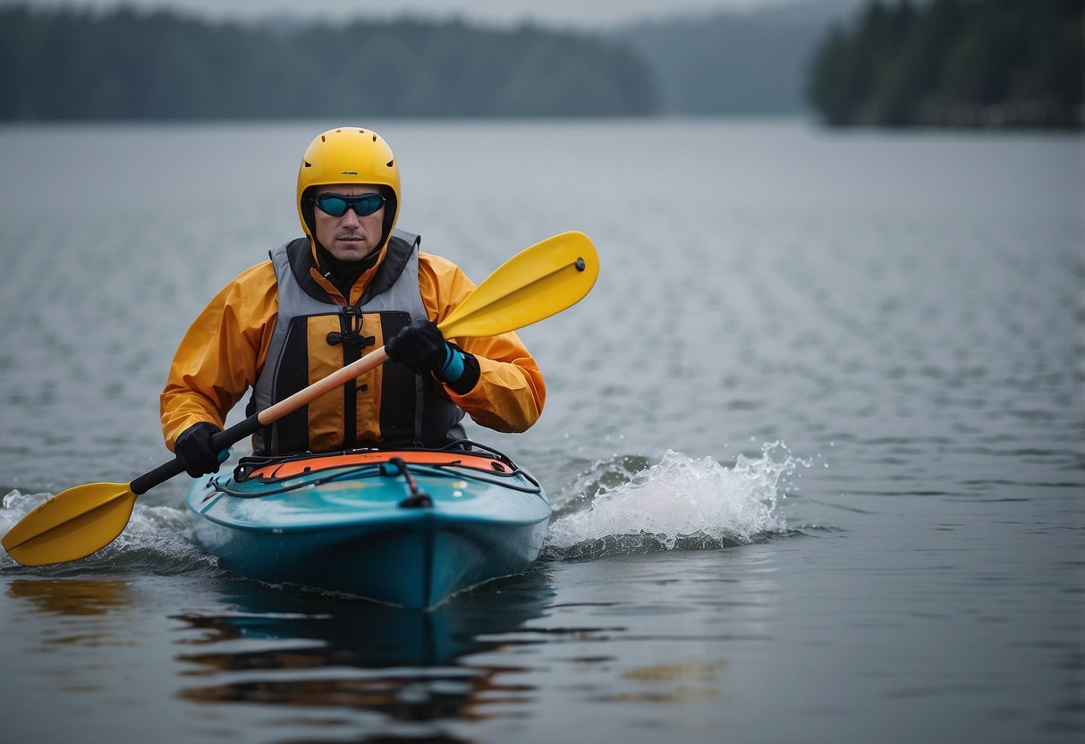 A kayaker paddling through calm waters, wearing lightweight rain gear. The gear is sleek and form-fitting, with a bright color that stands out against the gray sky