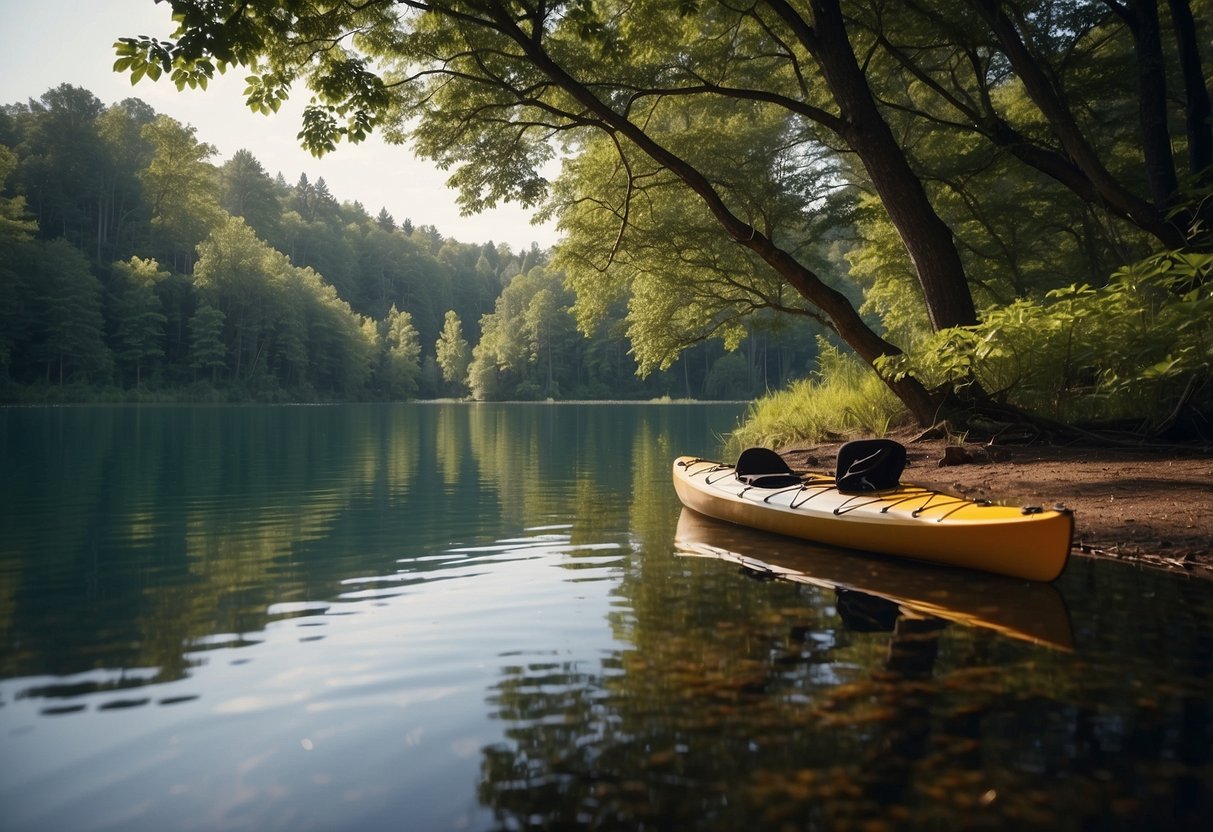 A serene lake with a kayak and a lightweight paddling pack resting on the shore, surrounded by lush greenery and calm waters