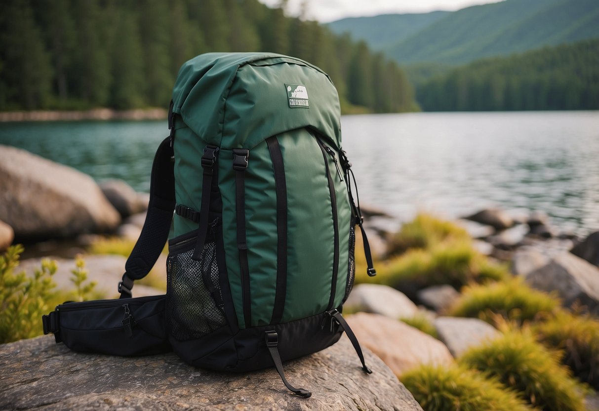 A Granite Gear Crown 2 38L backpack sits on a rocky shore, with a tranquil lake and lush forest in the background