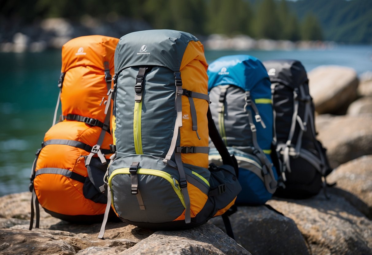 A collection of lightweight paddling packs arranged on a rocky shoreline, with durable materials and waterproof zippers visible