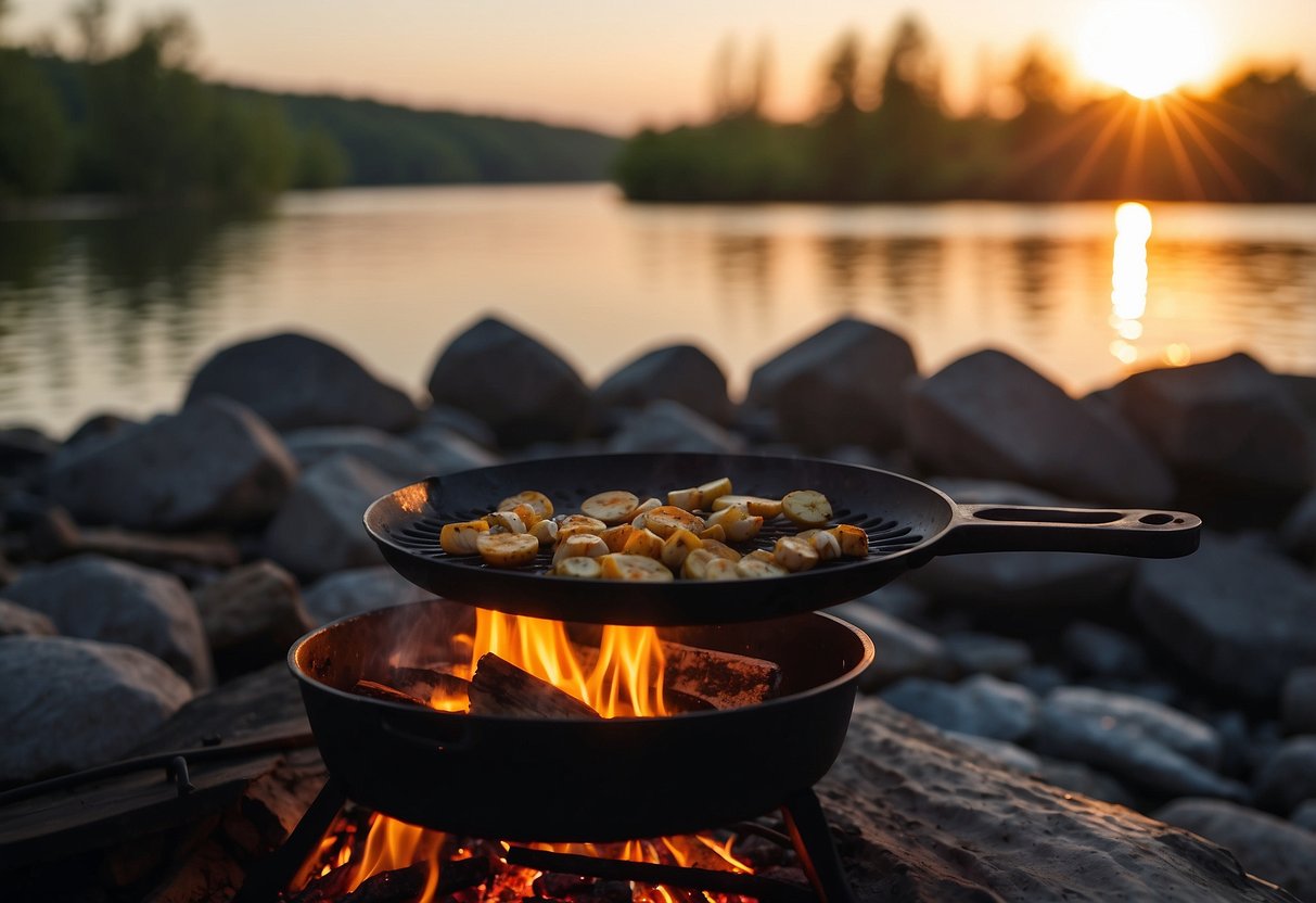 A campfire crackles on the riverbank as a cast-iron skillet sizzles with fresh-caught fish. A makeshift table holds a variety of spices and utensils, while a pot of water heats for cooking. The sun sets behind the