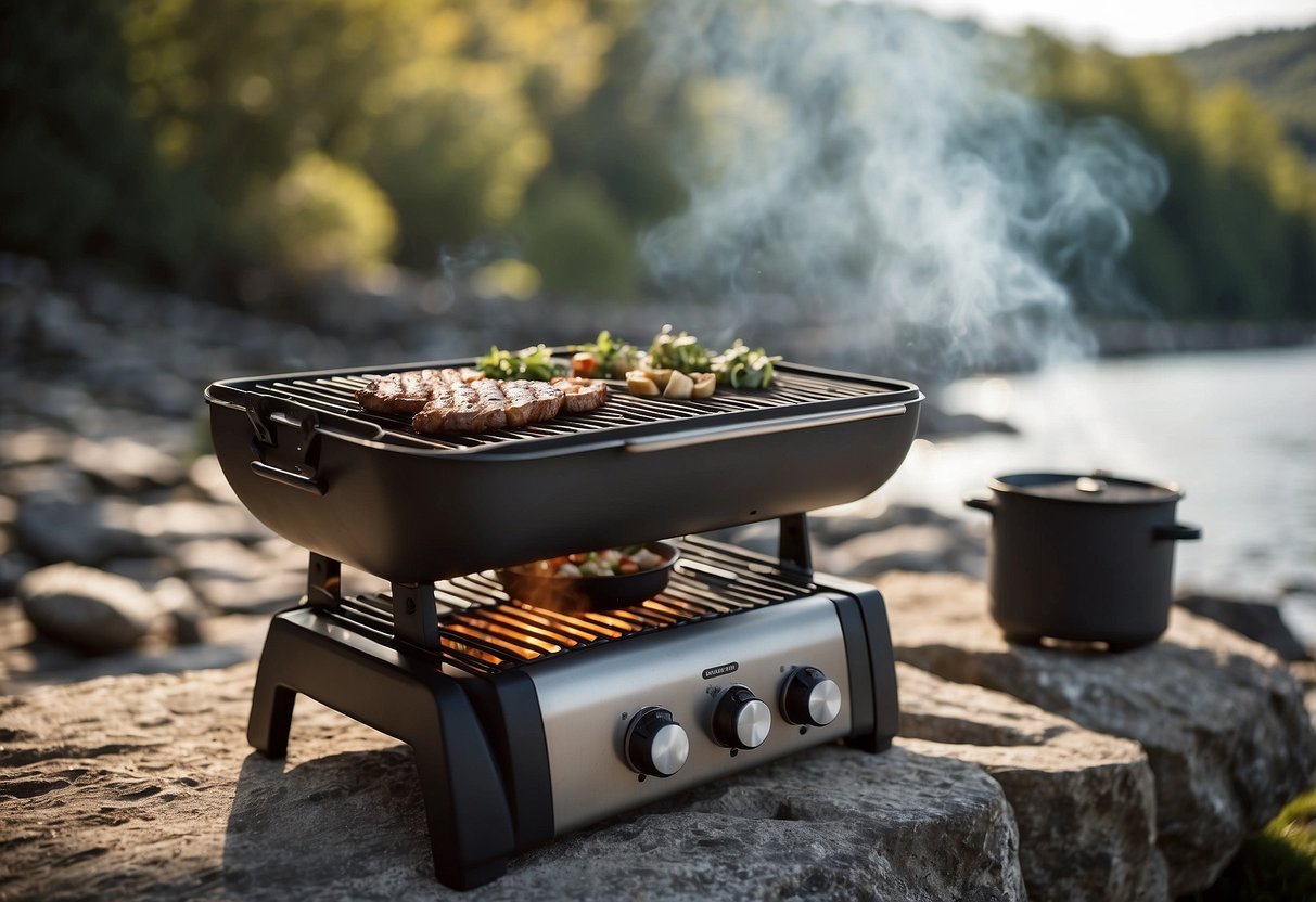 A portable grill sits on a rocky riverbank. Smoke rises from sizzling food as the grill is surrounded by cooking utensils and a cooler