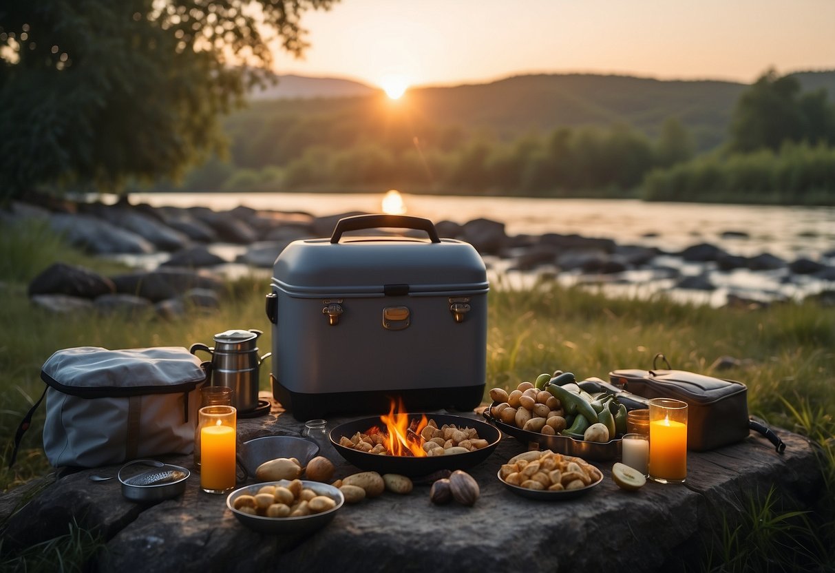 A riverbank campsite with a cooler filled with fresh ingredients, surrounded by cooking utensils and a campfire. The serene river flows in the background as the sun sets