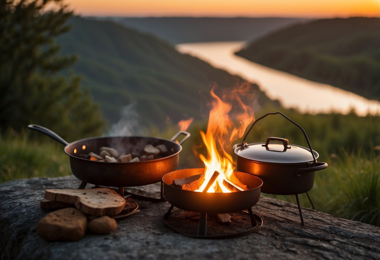 A campfire burns by the river, with a pot boiling over it. A small table holds ingredients and utensils. The sun sets in the background