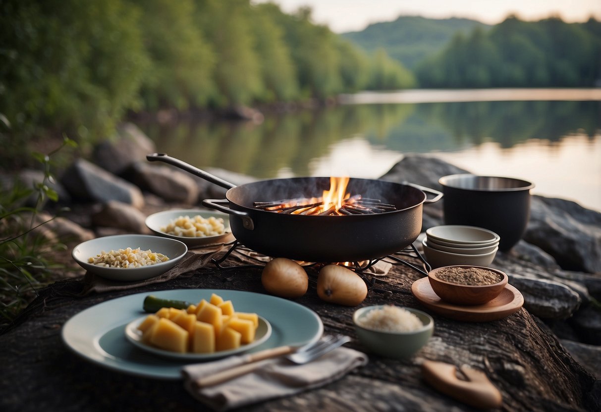 A campfire on the riverbank with biodegradable utensils and plates laid out, surrounded by cooking ingredients and a serene natural backdrop