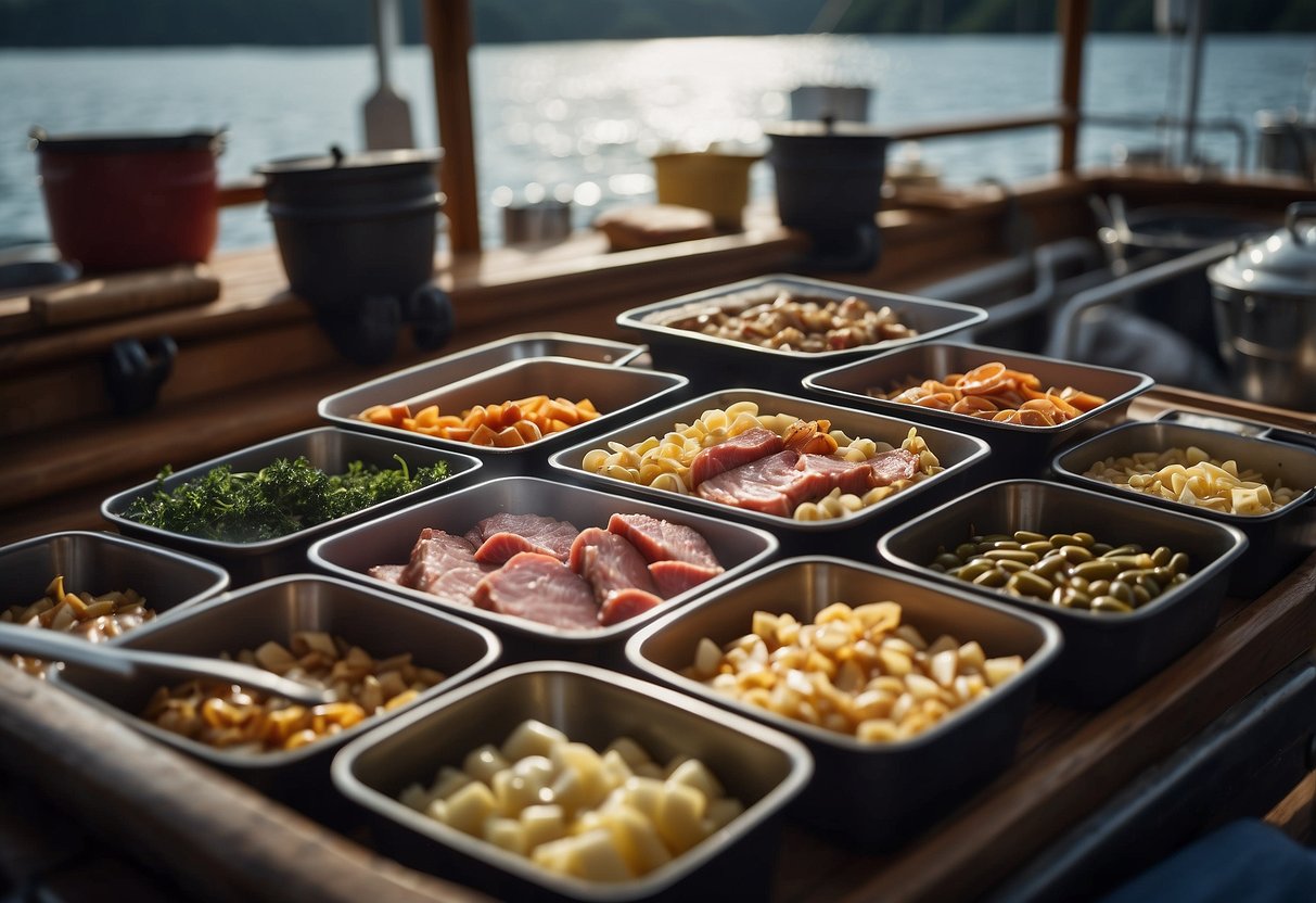 Meats marinating in containers on a boat deck, surrounded by cooking utensils and a river in the background