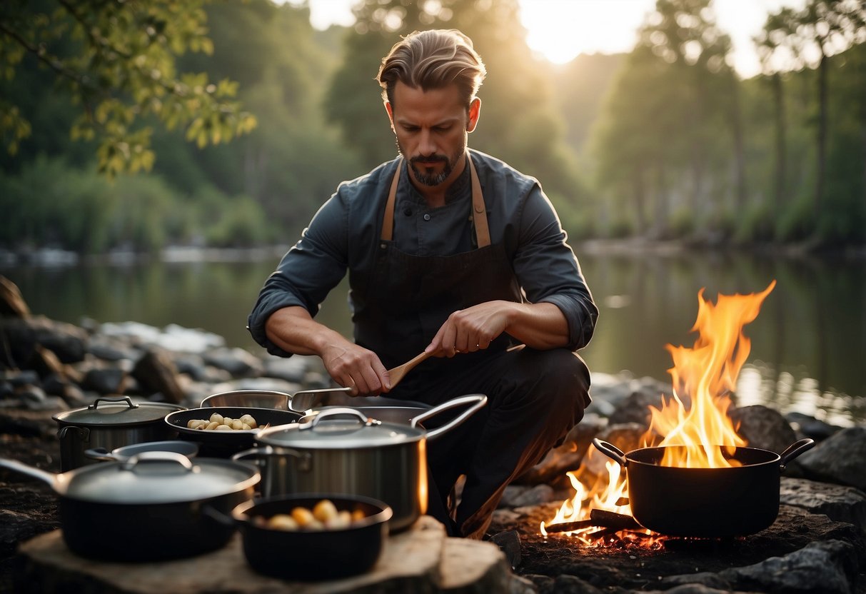 A chef selects pots, pans, and utensils for cooking on a riverbank. A campfire burns in the background as the chef prepares to cook a meal outdoors