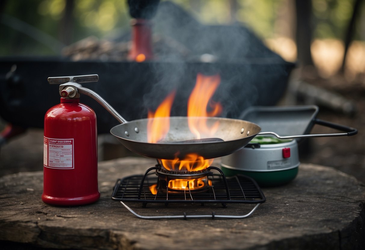 A camp stove sits on a stable, flat surface. A fire extinguisher and first aid kit are nearby. A mesh screen protects the flame from wind