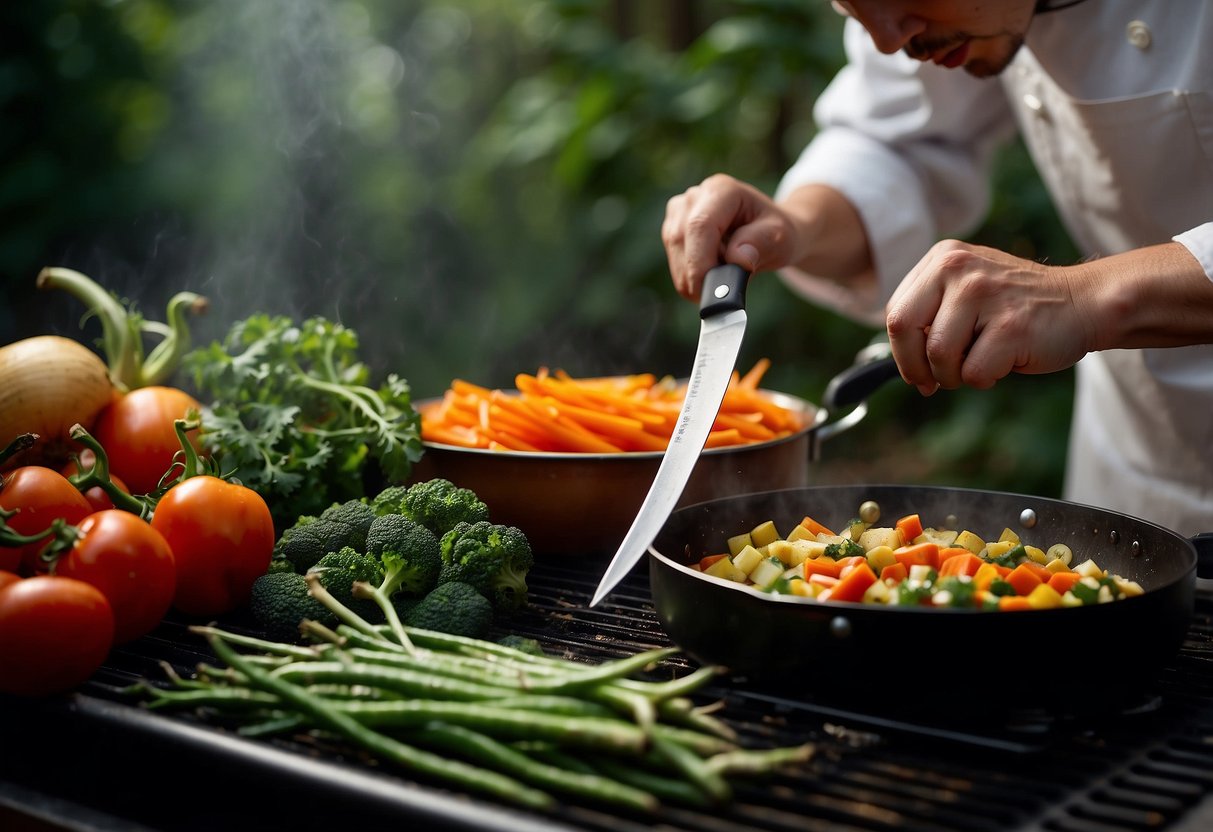 A chef's knife cuts through vegetables on a clean, organized cooking station. A pot of water boils over a campfire, while a hand reaches for a bottle of hand sanitizer nearby