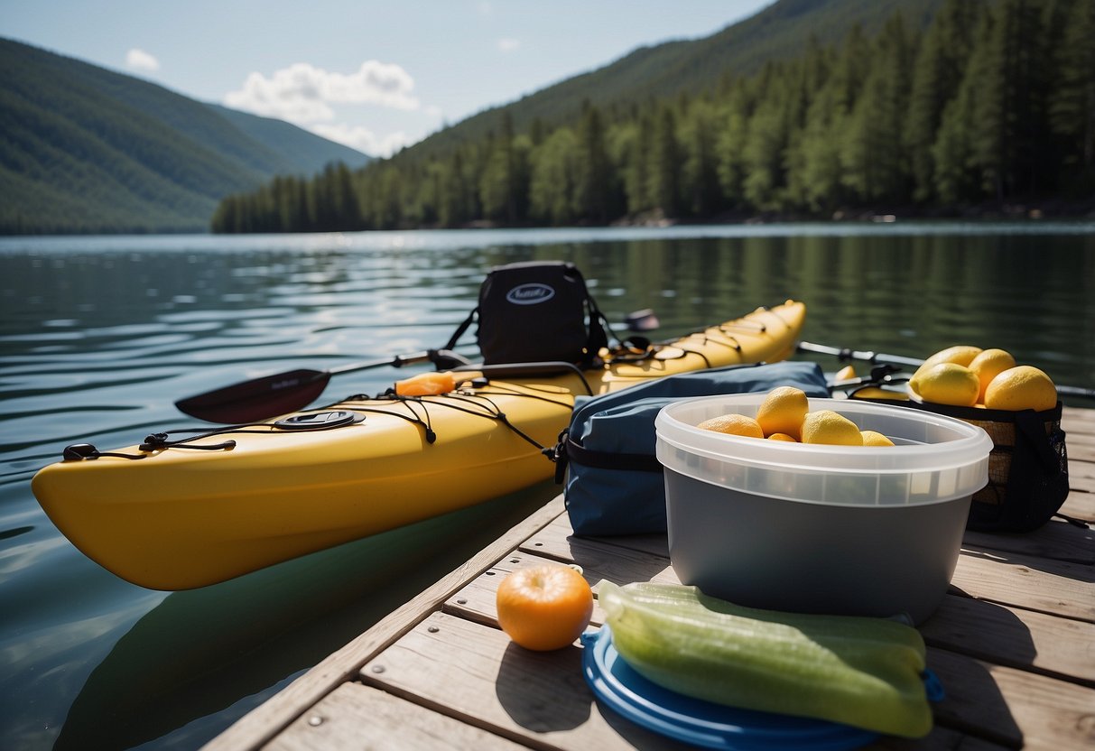 Food items arranged in waterproof containers secured to a kayak, cooler strapped to the deck, dry bags hung from the rigging, and a mesh bag tied to the stern, all surrounded by calm water and a beautiful natural backdrop