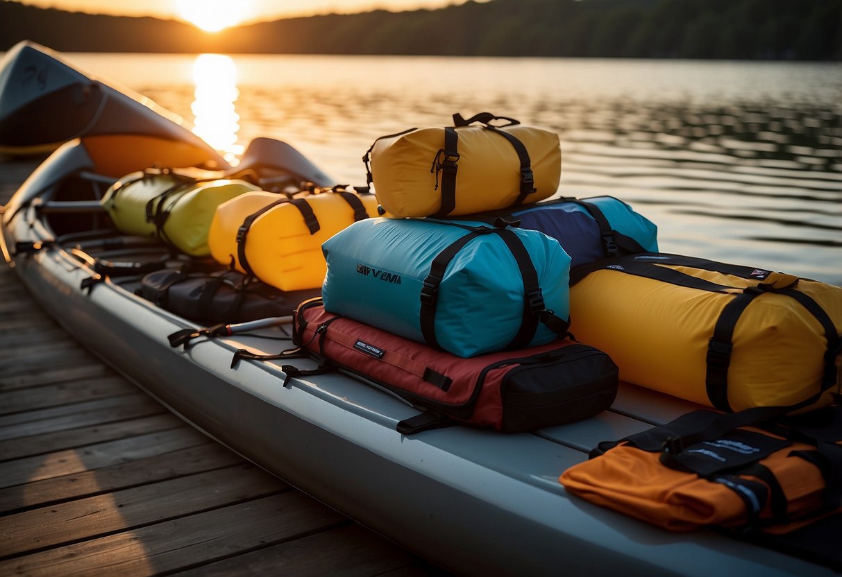 Vacuum-sealed containers stacked on a kayak deck, surrounded by water and paddling gear. Sunset casts a warm glow on the scene