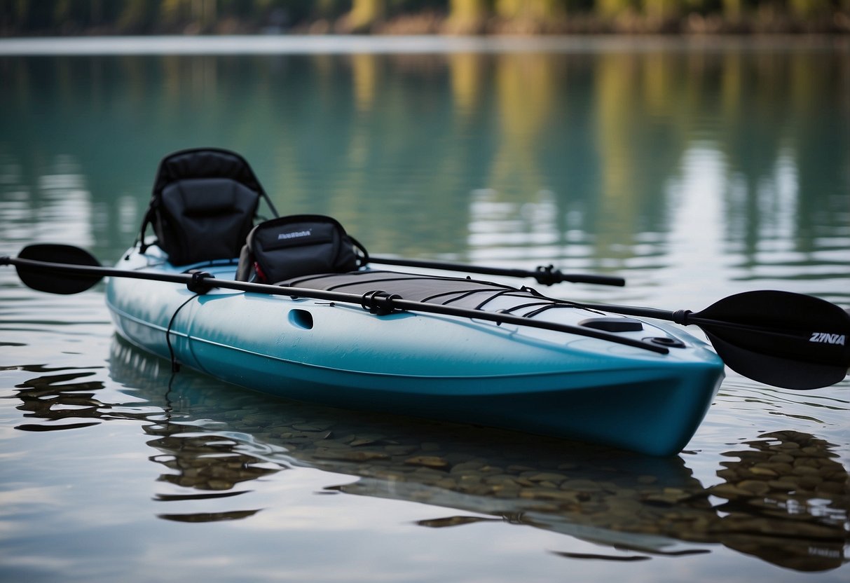 A kayak floats on calm water, with a waterproof cooler secured in the back. Inside, food is neatly packed in ziplock bags and Tupperware containers, surrounded by ice packs to keep everything fresh