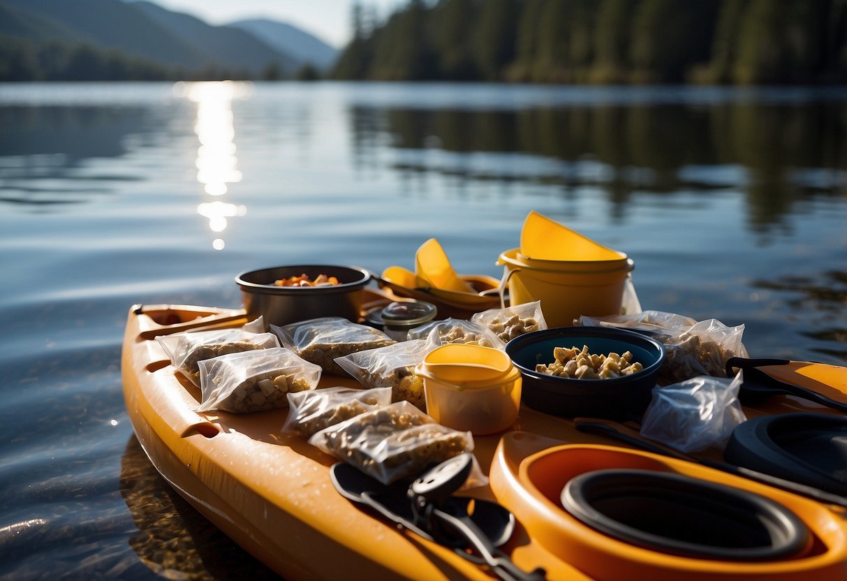 A kayak sits on the calm water, with a pile of freeze-dried meals neatly packed in waterproof containers. The sun glistens off the surface, highlighting the essential gear for paddling adventures