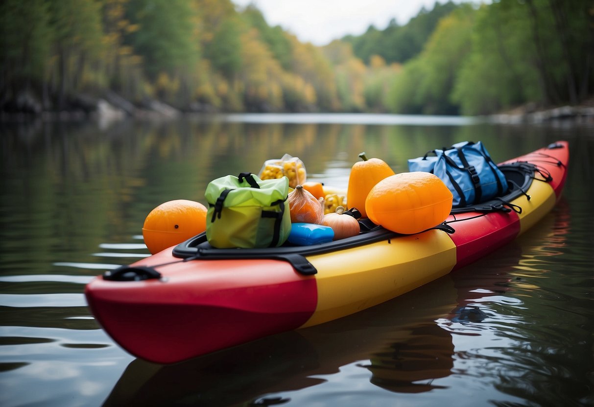 A kayak loaded with dry bags and coolers, securely strapped down. A variety of food items are neatly organized and packed away to prevent spoilage