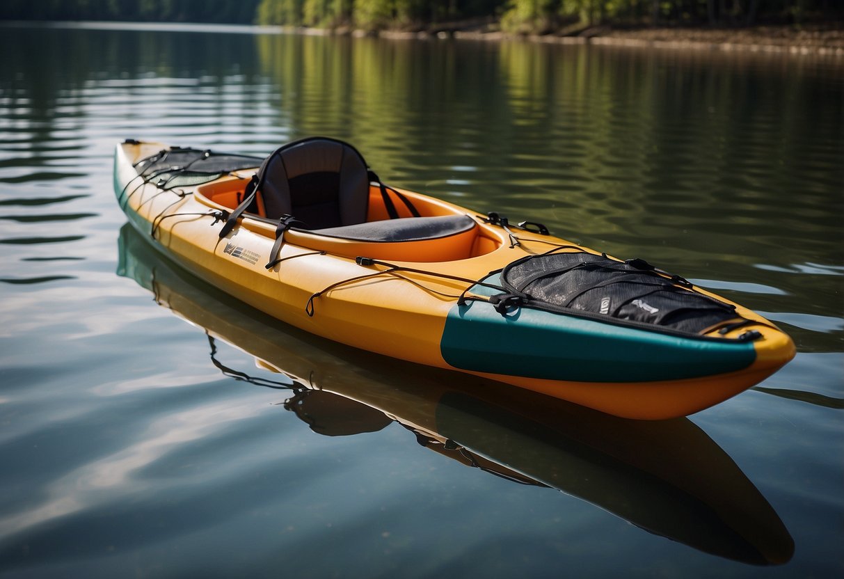 A kayak loaded with dry bags and waterproof containers, storing food in a secure and organized manner while paddling on calm water