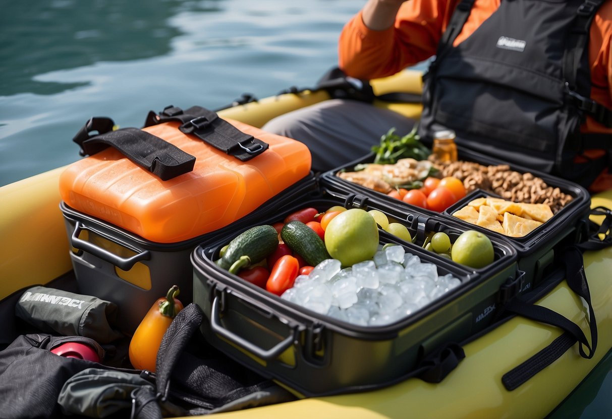 Food stored in a waterproof cooler on a kayak, surrounded by ice packs and insulated bags. A mesh net secures items in place, while a bungee cord keeps the cooler secure