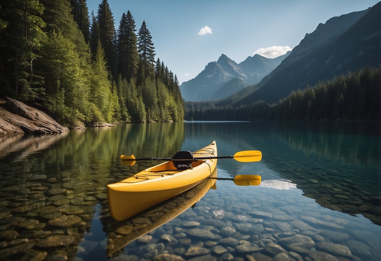 A serene lake surrounded by lush forests and towering mountains, with a kayak or canoe gliding peacefully across the calm waters