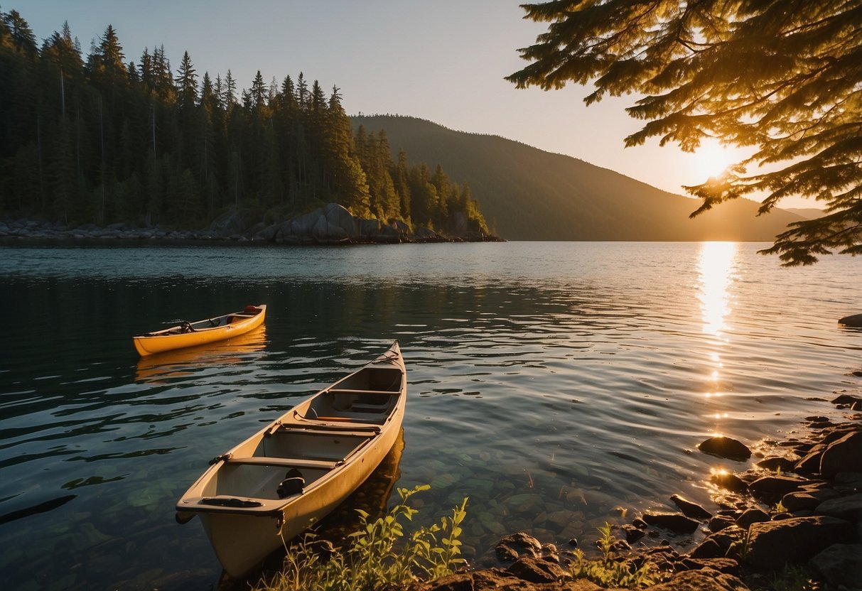 The sun sets over the calm waters of Broken Group Islands, casting a warm glow on the rugged coastline and lush greenery. Kayaks and canoes glide peacefully through the serene waters, surrounded by the stunning natural beauty of British Columbia