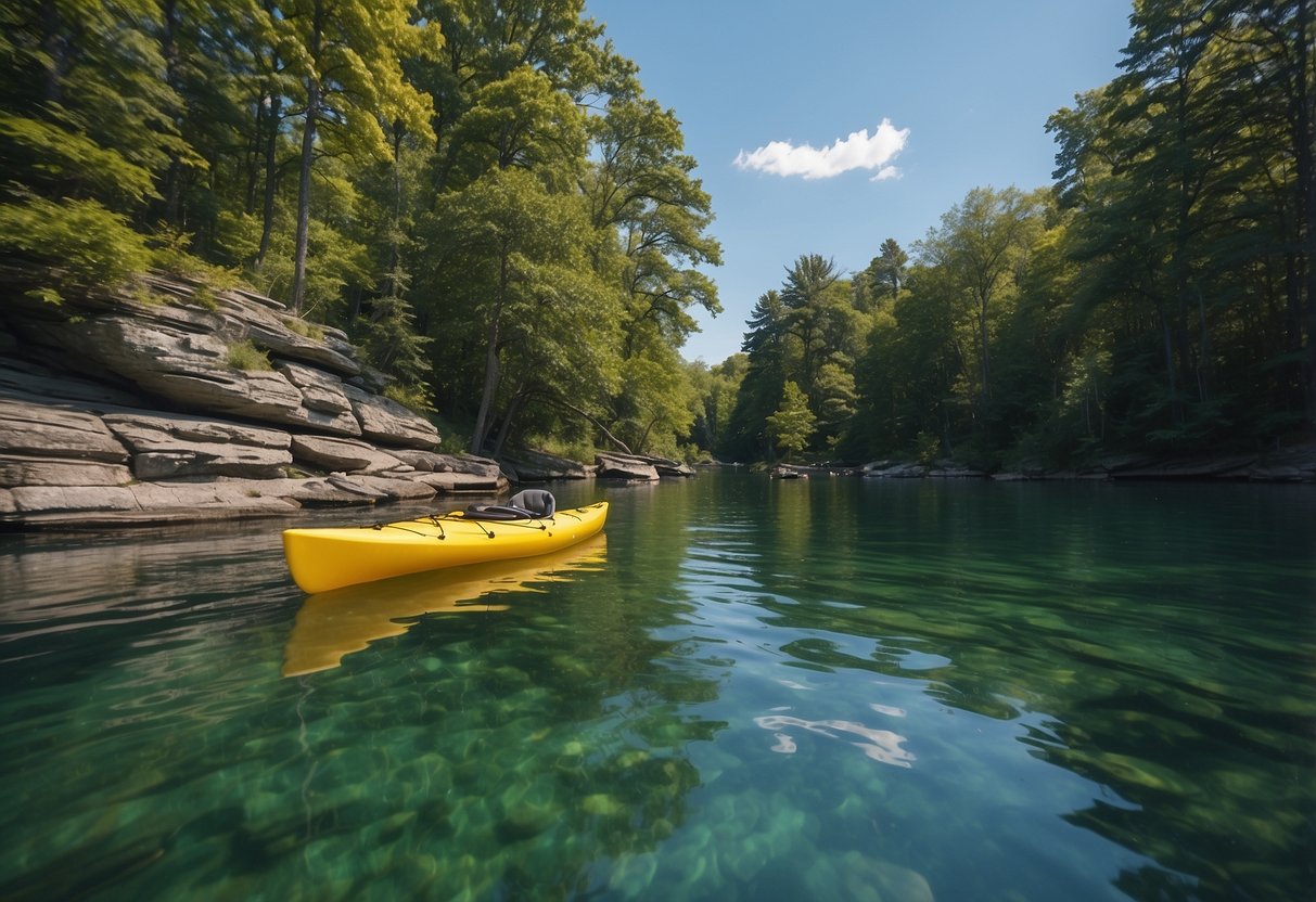 Crystal clear waters reflect lush green islands, as kayaks and canoes glide through scenic routes in Thousand Islands, Ontario