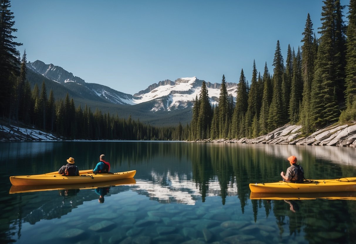 Crystal clear lakes reflecting towering pine trees, surrounded by snow-capped mountains. Gentle ripples break the surface as kayaks and canoes glide through the serene Canadian wilderness